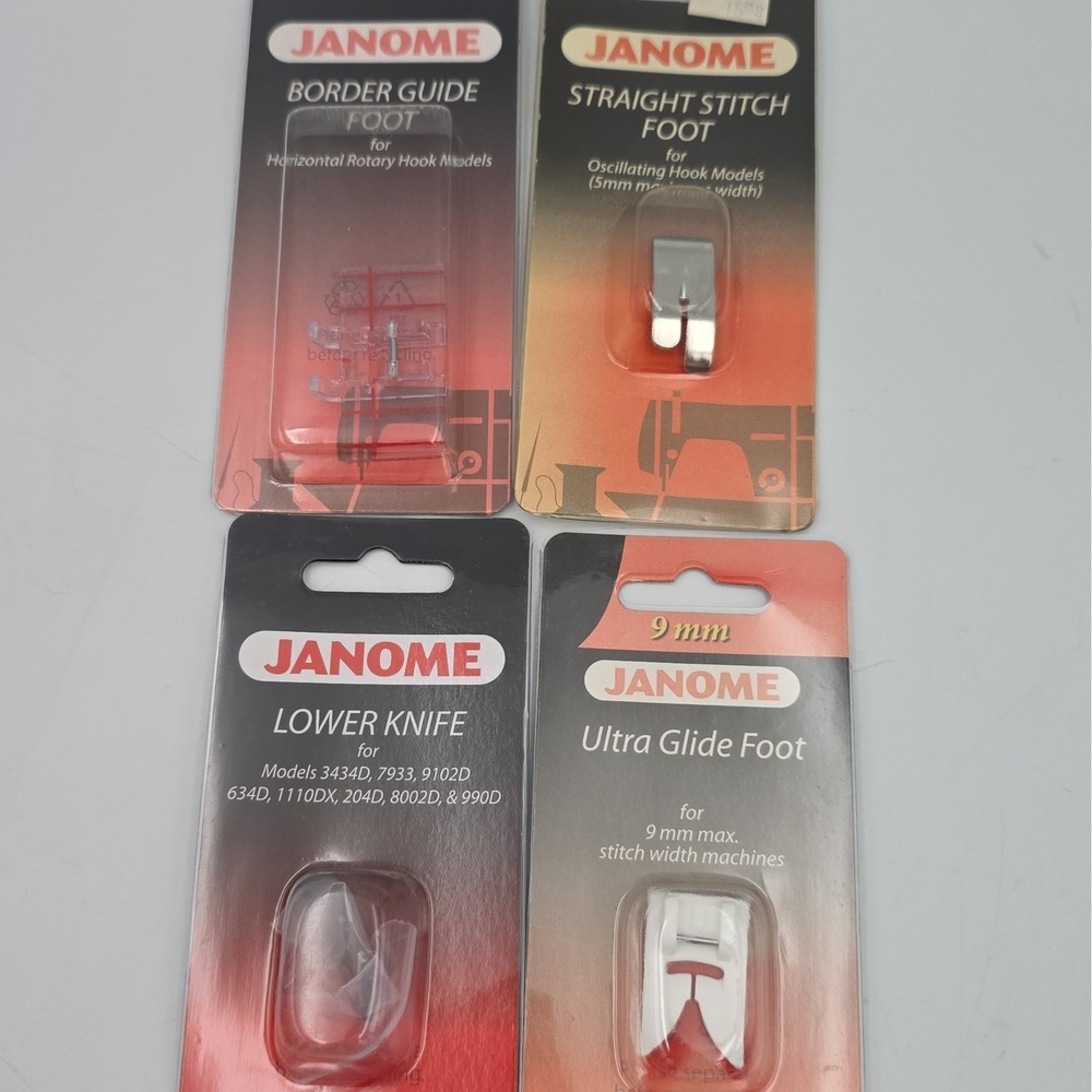 Lot Of 4 JANOME Parts Straight Stitch Foot Border Guide Foot Ultra Glide Foot